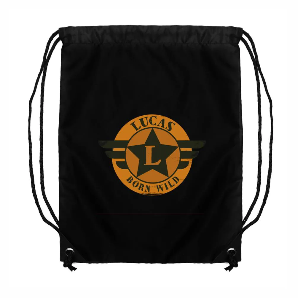 Personalised Badge Black Drawstring Bag