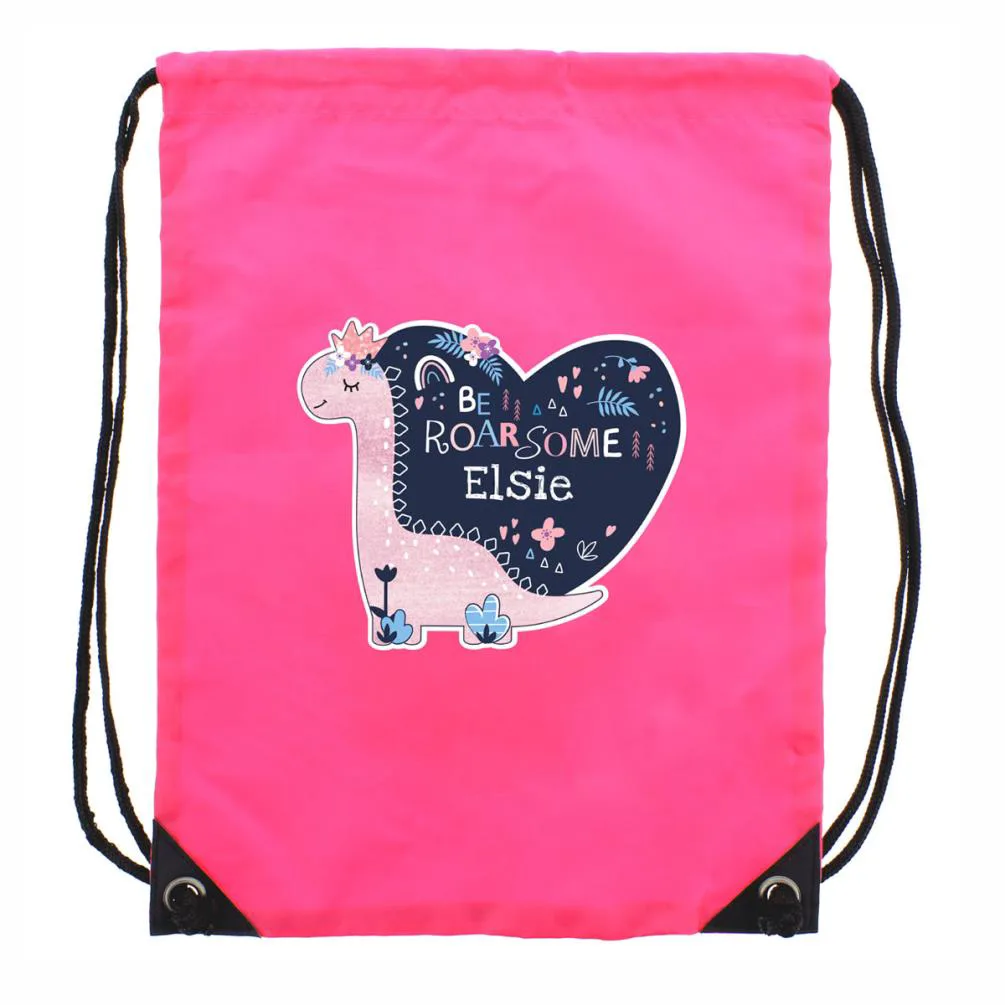 Personalised Dinosaur Pink Drawstring Bag