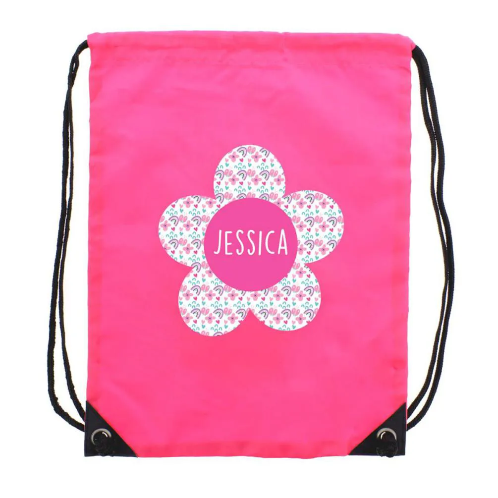 Personalised Flower Pink Drawstring Bag