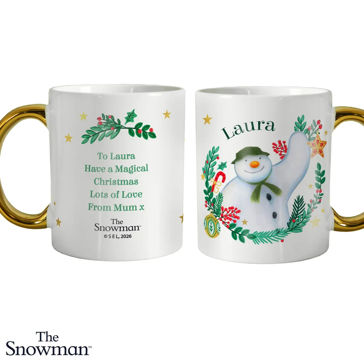 Personalised The Snowman Christmas Wishes Gold Handle Ceramic Mug