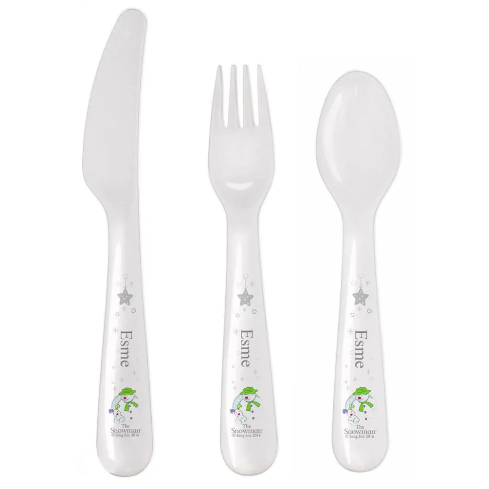 Personalised The Snowman & The Snowdog 3 Piece Plastic Cutlery Set