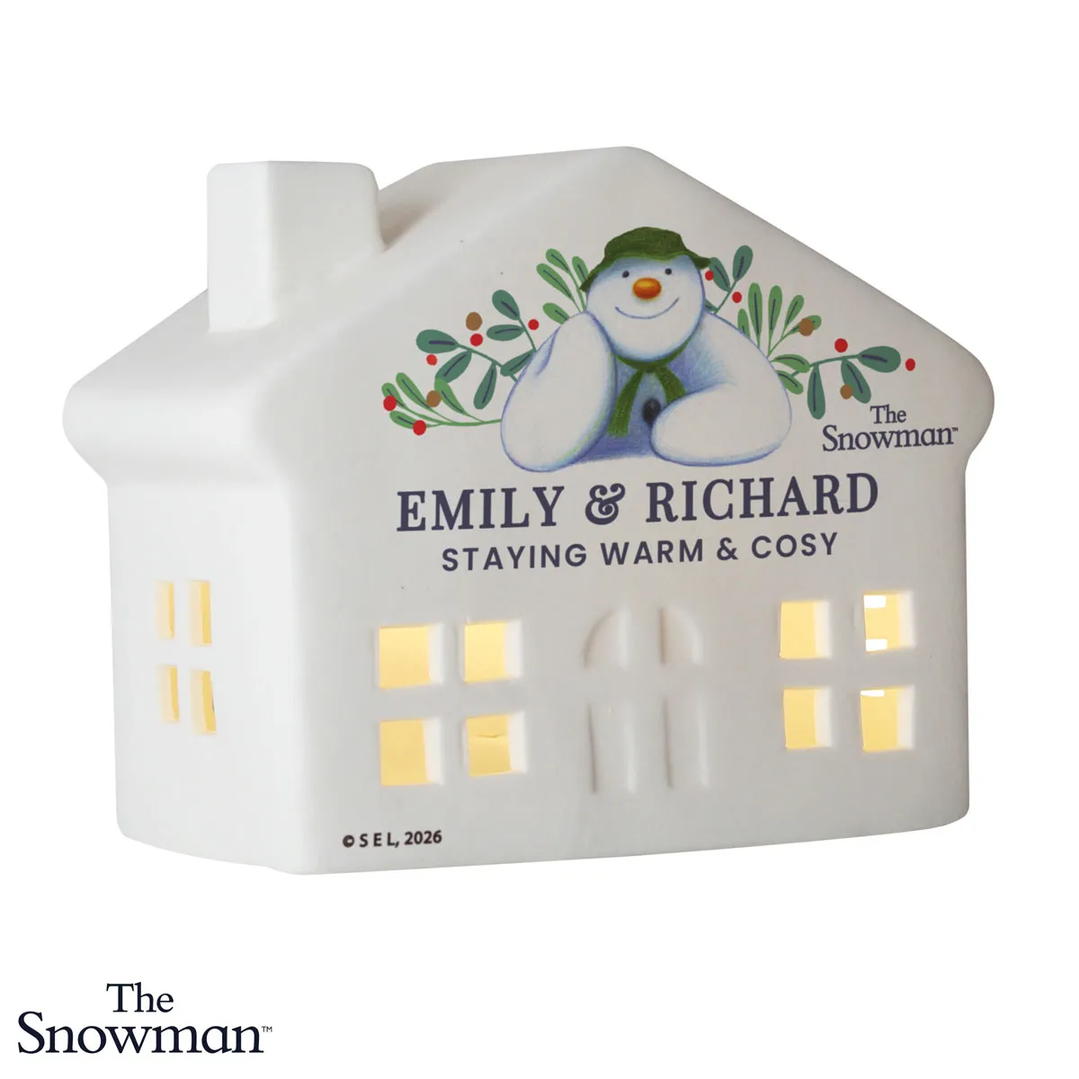 Personalised The Snowman Botanical LED Ceramic House