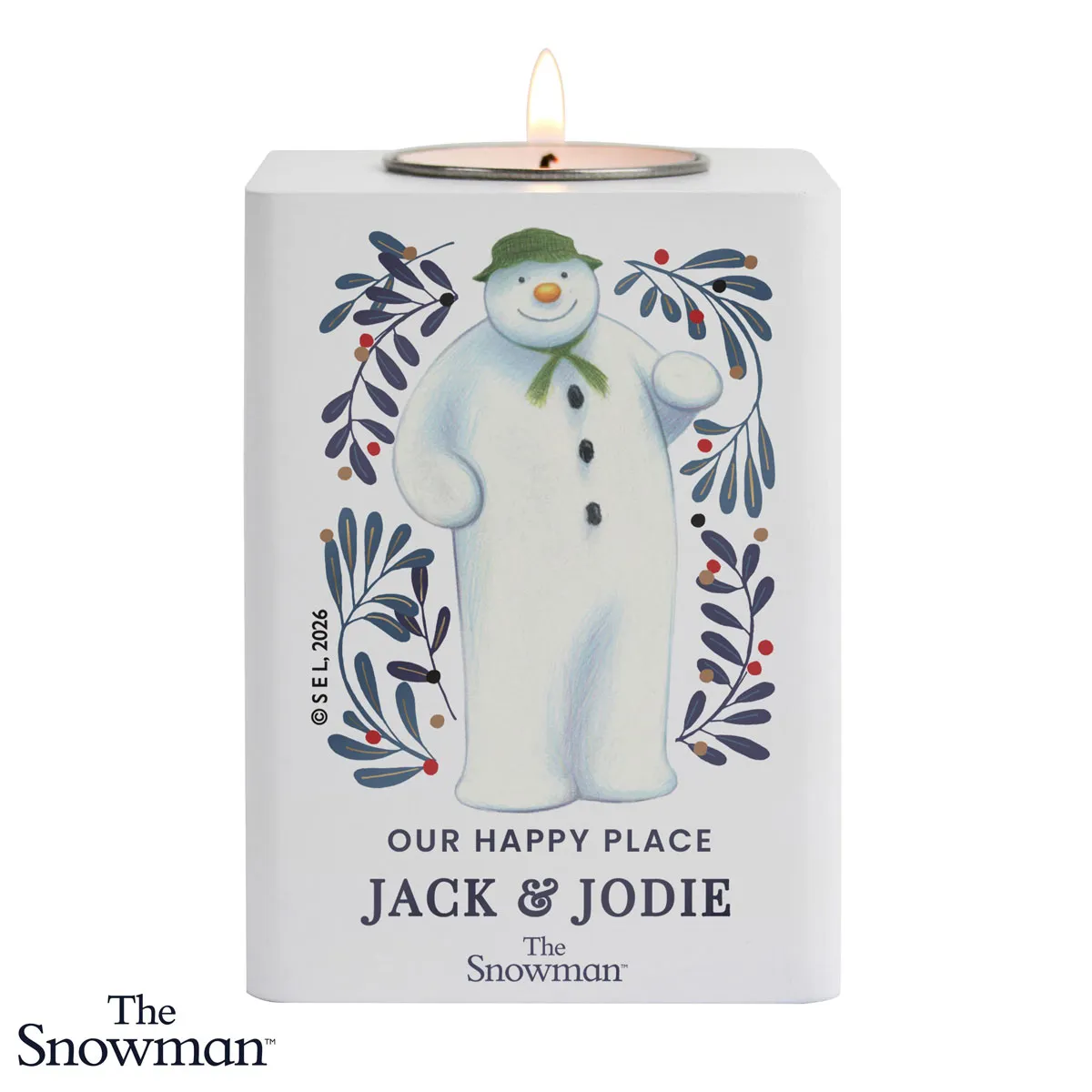 Personalised The Snowman Botanical Wooden Tea Light Holder