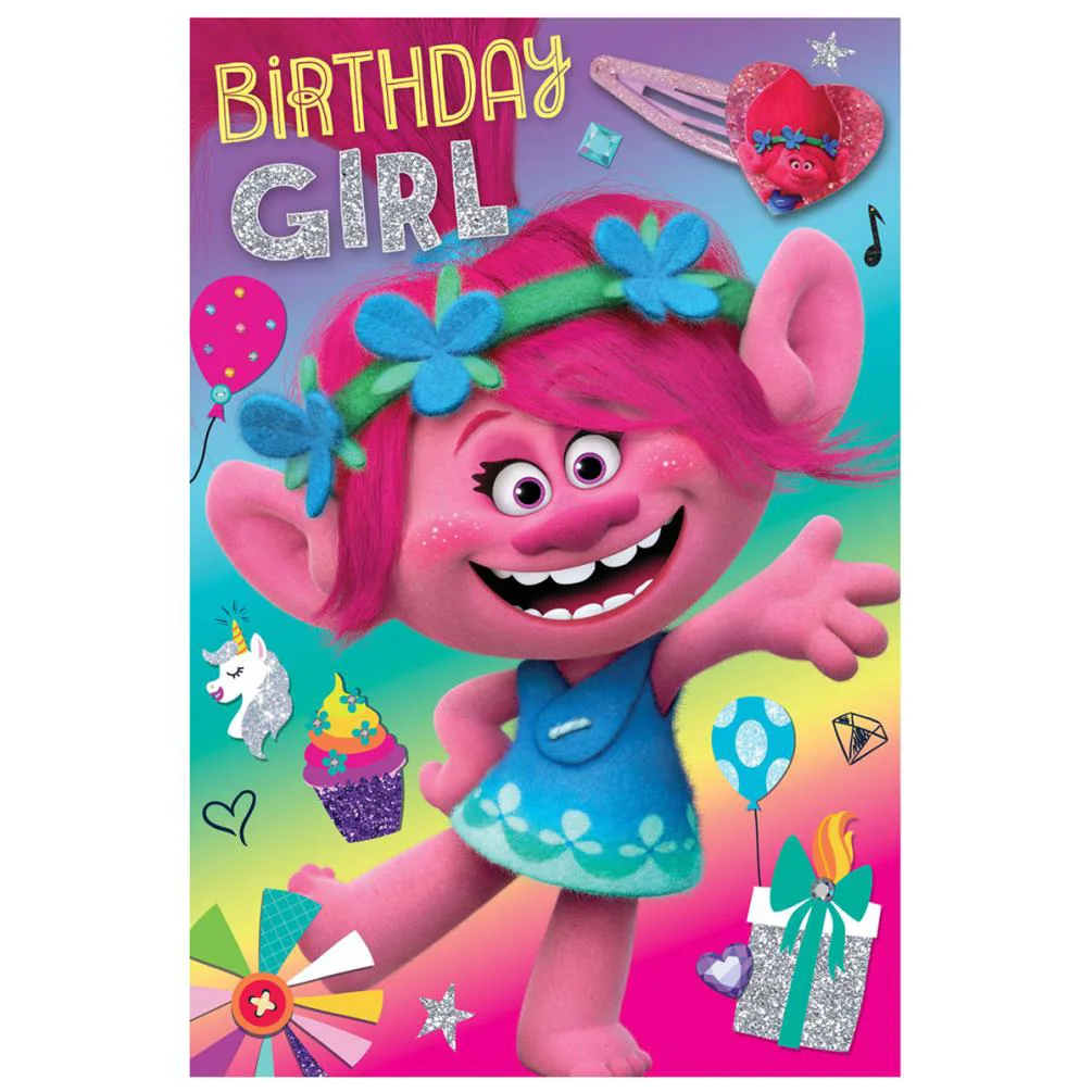 Trolls Birthday Girl Birthday Card With Hair Clip