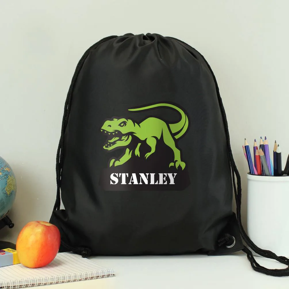 Personalised Dinosaur Black Drawstring Bag Extra Image 2