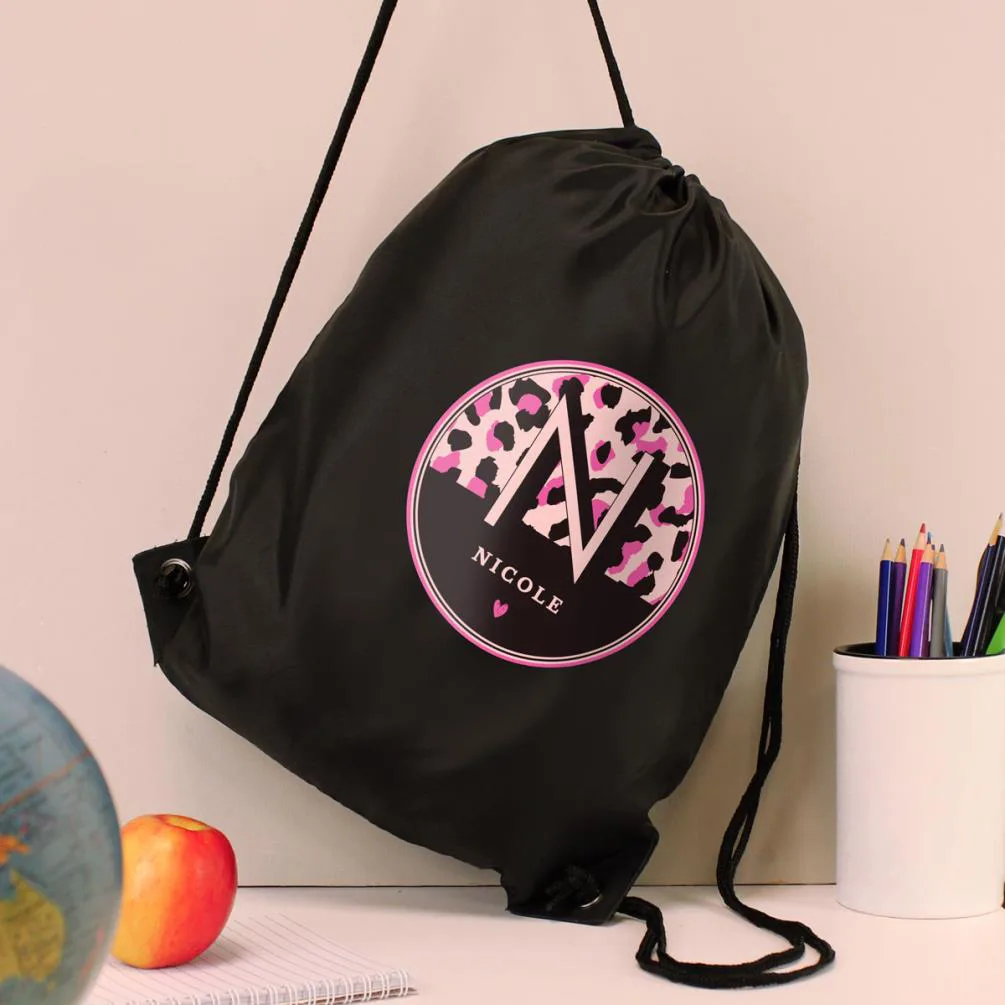 Personalised Leopard Print Black Drawstring Bag Extra Image 1