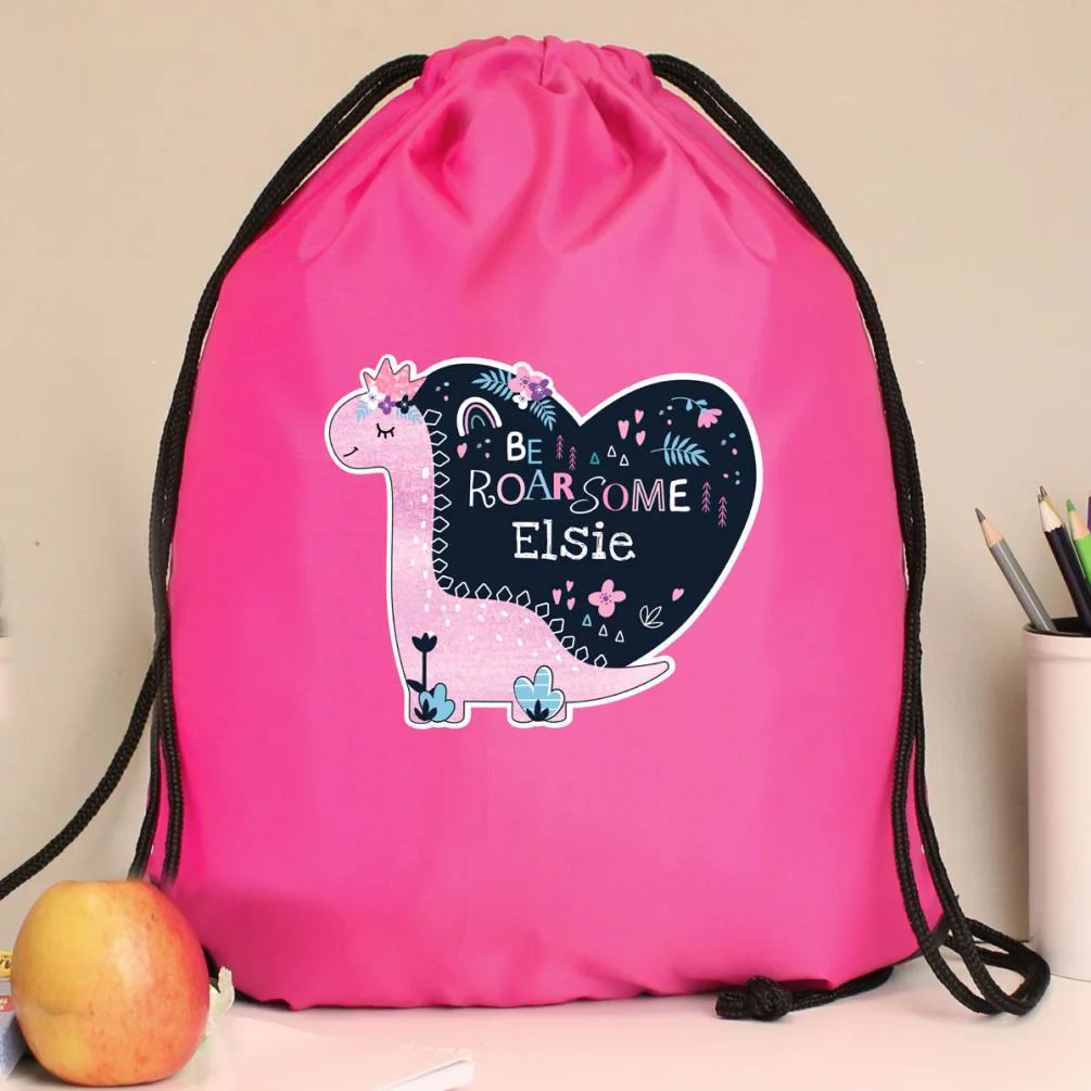 Personalised Dinosaur Pink Drawstring Bag Extra Image 1