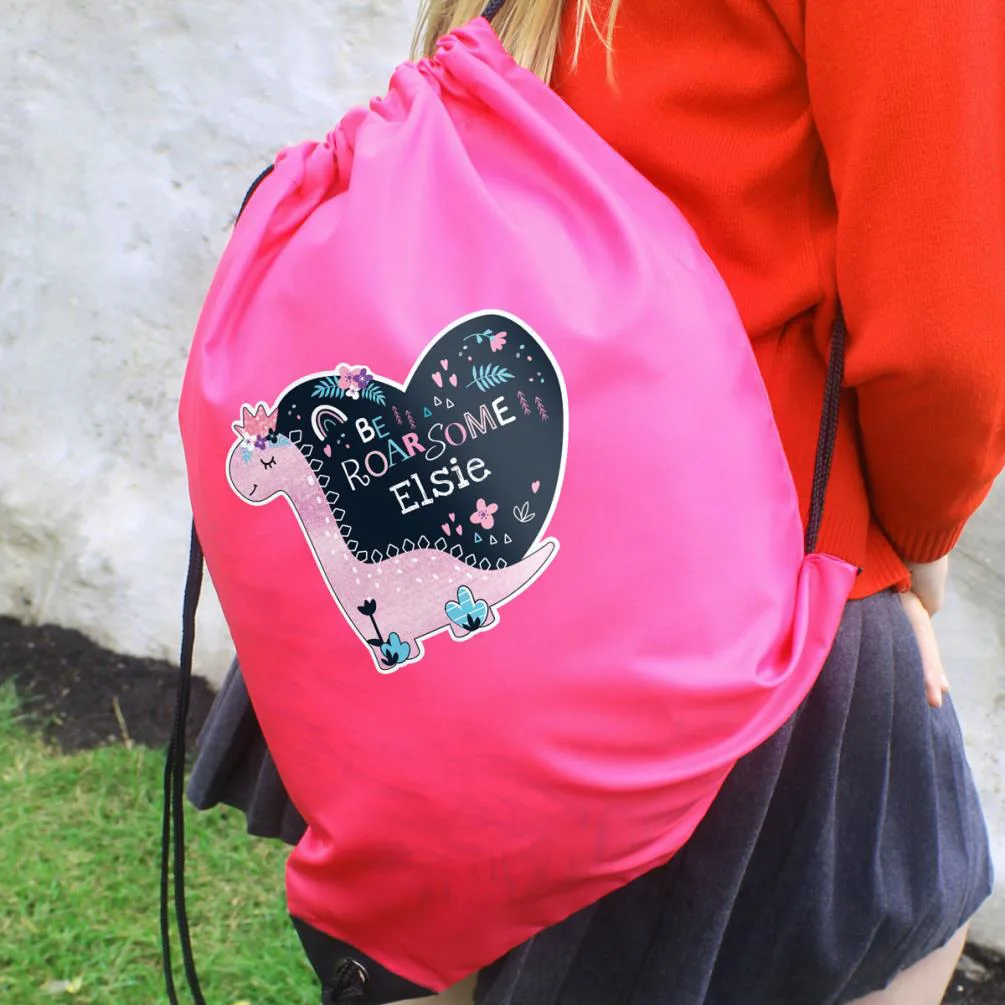 Personalised Dinosaur Pink Drawstring Bag Extra Image 3
