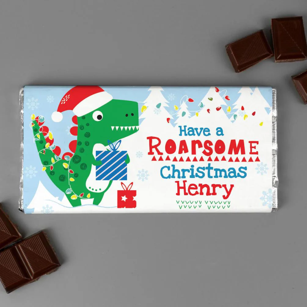 Personalised Dinosaur Roarsome Christmas 100g Milk Chocolate Bar Extra Image 1