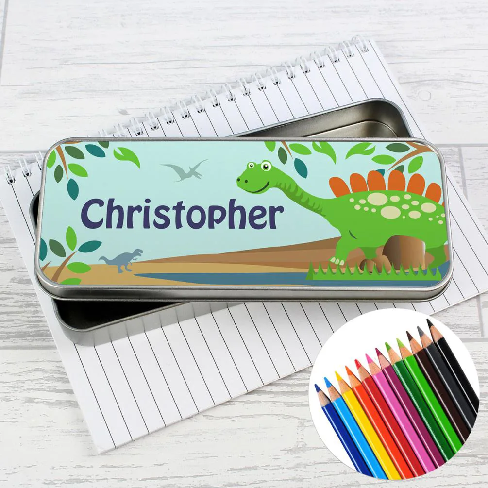 Personalised Dinosaur Pencil Tin with Pencil Crayons Extra Image 2