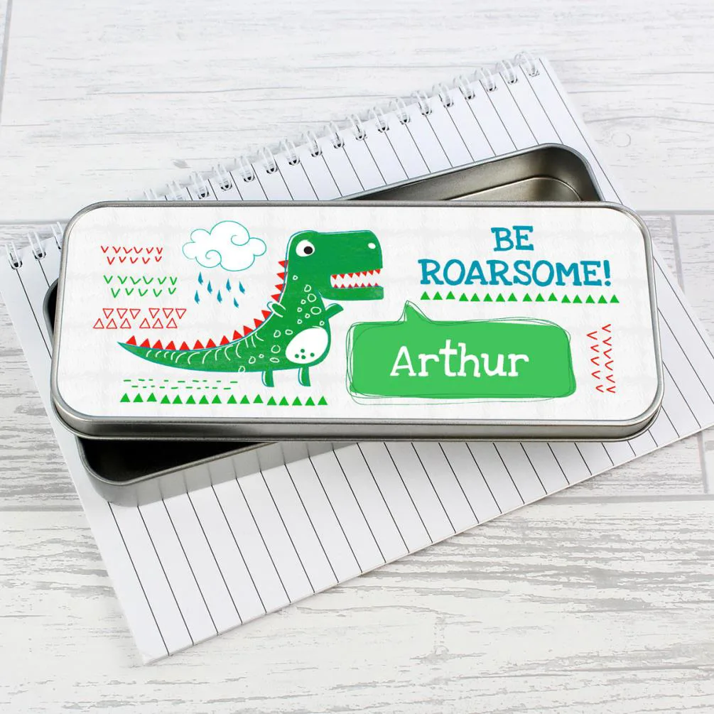 Personalised Be Roarsome Dinosaur Pencil Tin with Pencil Crayons Extra Image 1