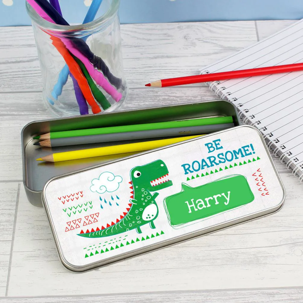 Personalised Be Roarsome Dinosaur Pencil Tin with Pencil Crayons Extra Image 2