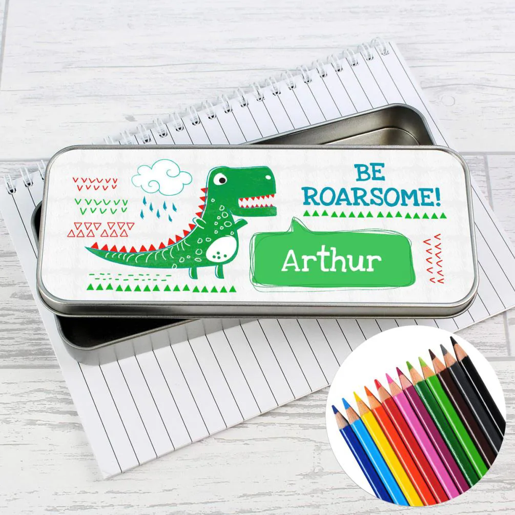 Personalised Be Roarsome Dinosaur Pencil Tin with Pencil Crayons Extra Image 3