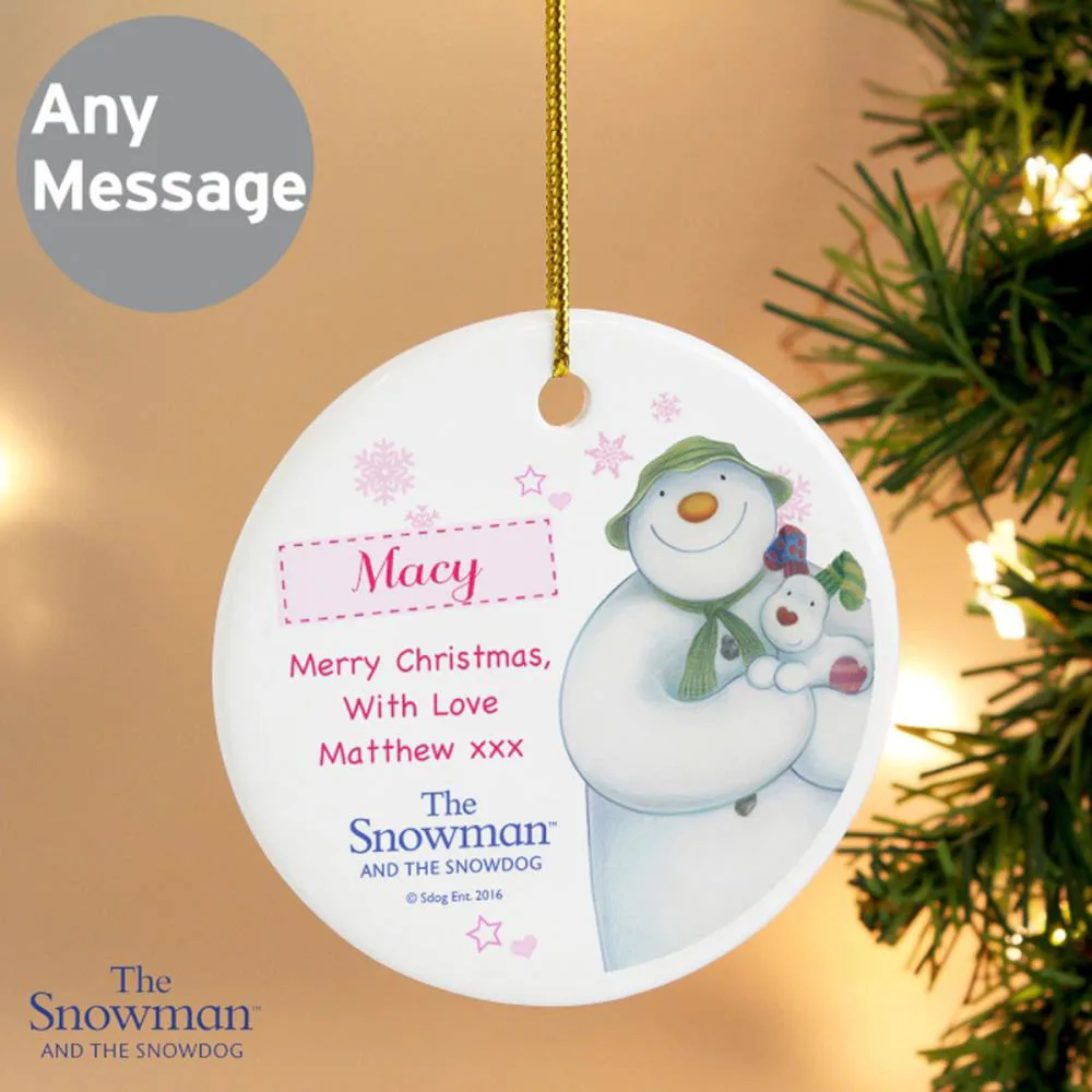 Personalised The Snowman & The Snowdog Pink Decoration Extra Image 1