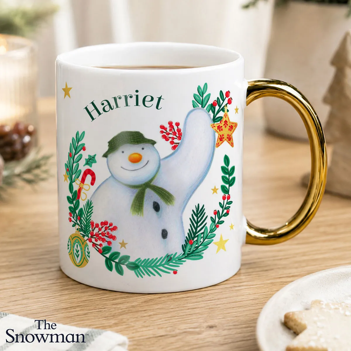 Personalised The Snowman Christmas Wishes Gold Handle Ceramic Mug Extra Image 1