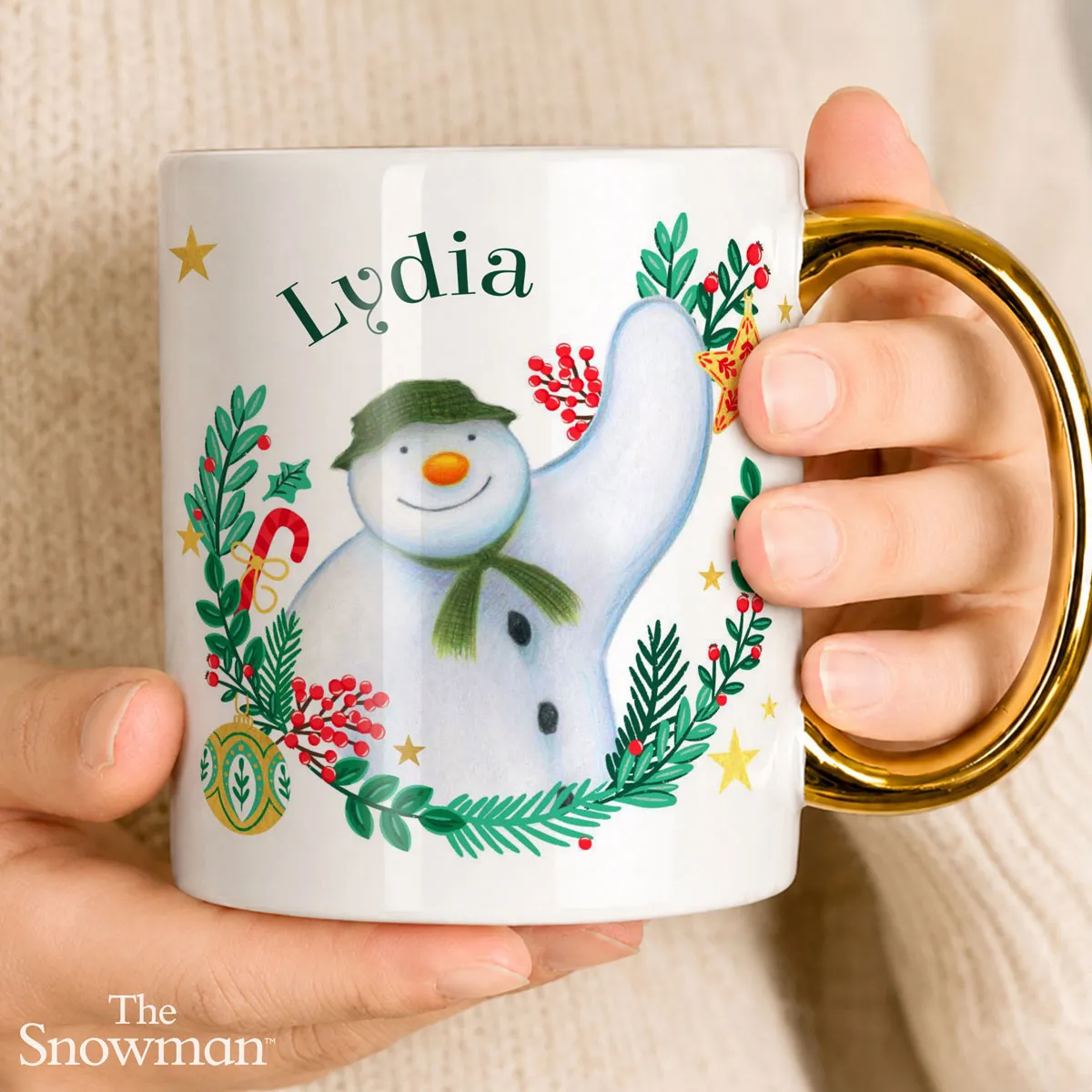 Personalised The Snowman Christmas Wishes Gold Handle Ceramic Mug Extra Image 3