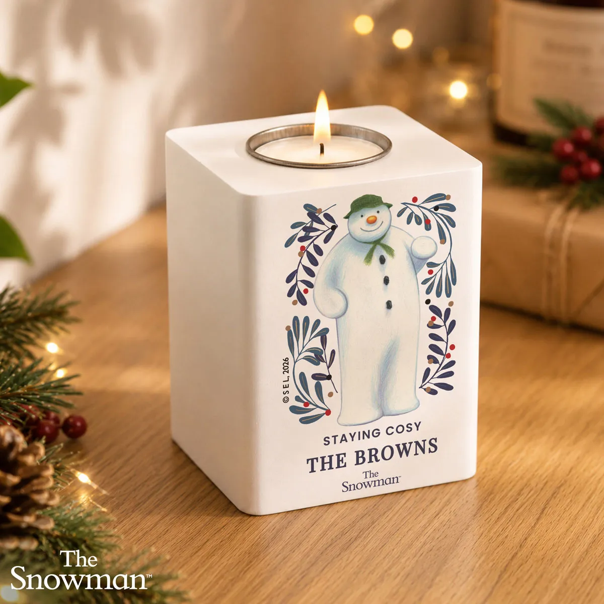 Personalised The Snowman Botanical Wooden Tea Light Holder Extra Image 1