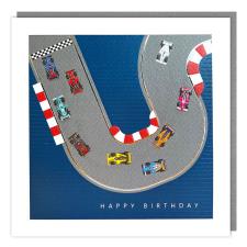 Racing Cars on Track Happy Birthday Card