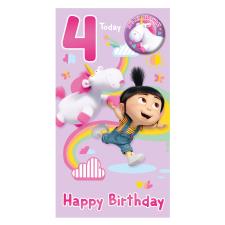 Agnes &amp; Fluffy Unicorn Minions 4 Today 4th Birthday Card With Badge