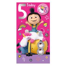 Agnes & Fluffy Unicorn Minions 5 Today 5th Birthday Card With Badge