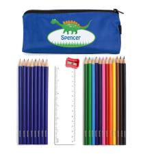 Blue Dinosaur Pencil Case with Personalised Pencils &amp; Crayons