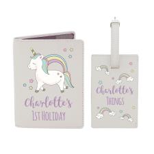 Personalised Baby Unicorn Leather Passport Holder & Luggage Tag Set