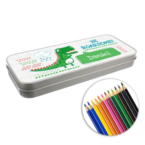 Personalised Be Roarsome Dinosaur Pencil Tin with Pencil Crayons False £14.99